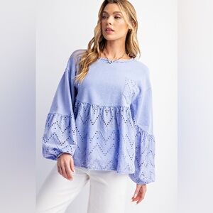 #69 New! Easel Cotton Periwinkle Eyelet Peplum Sweatshirt Top